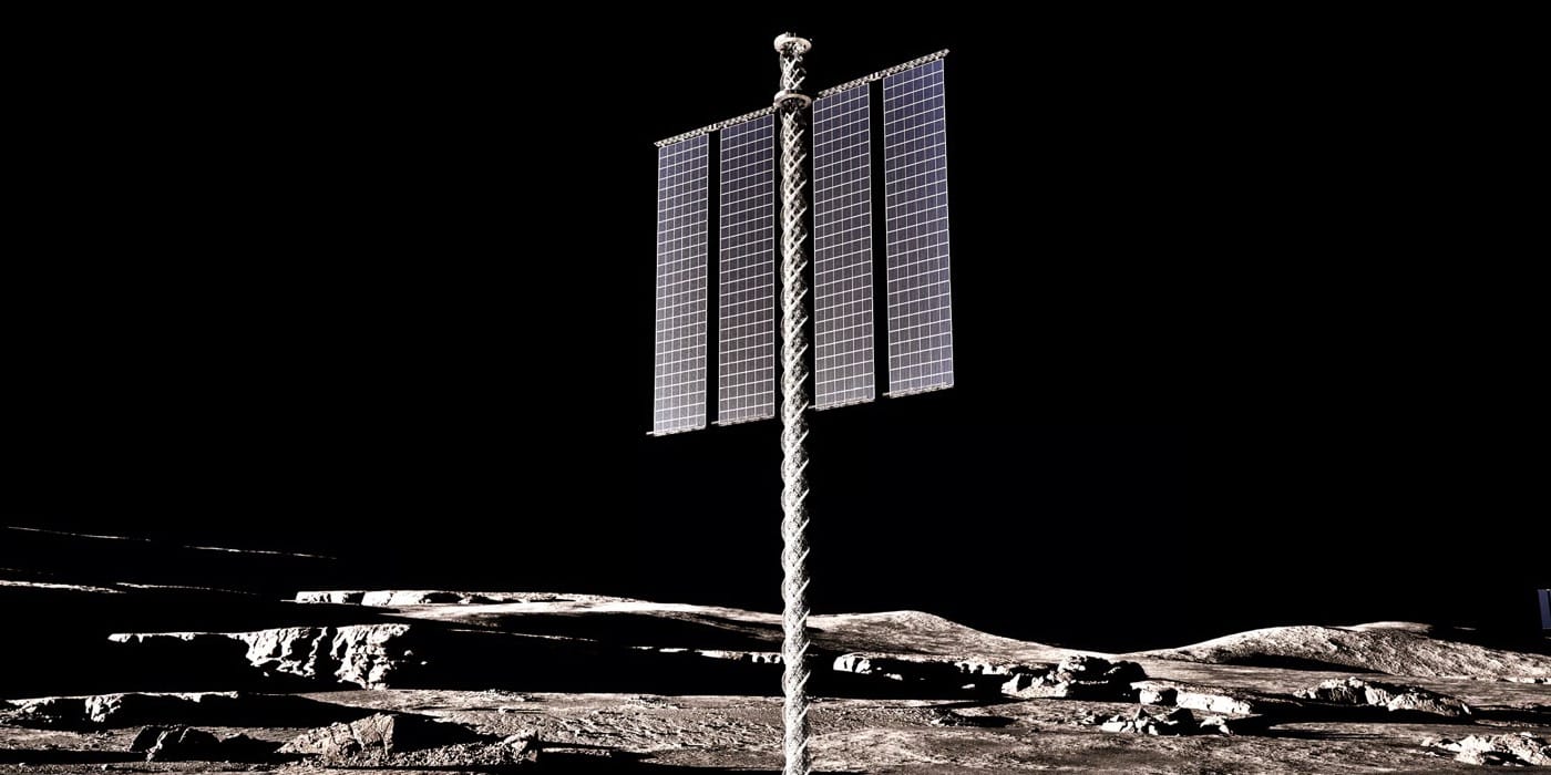 3D-printed lunar solar tower render on the Moon